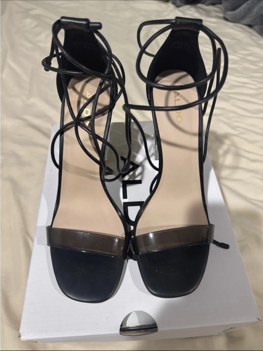 Aldo Black Lace-Up Heeled Sandals with Clear Toe Strap